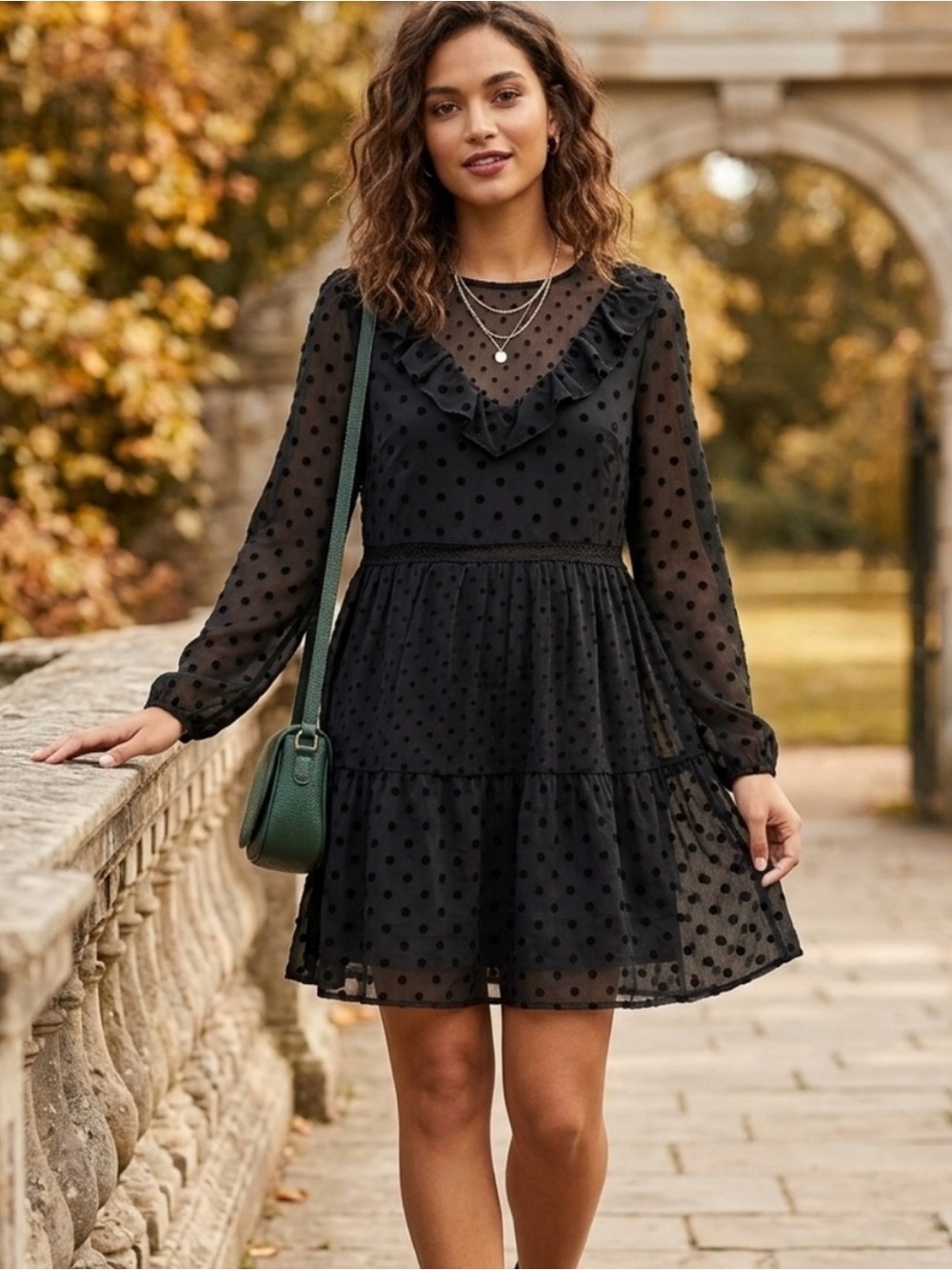 ZARA Black Polka Cotton Dot Mini Dress Velvet Flocked Ruffle Sheer Sleeve M⁠